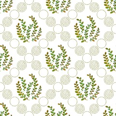 Seamless floral pattern with circles, plants. Green, yellow, blue colors. White background. Rhombus ornament. Illustration. Designed for textile fabrics, wrapping paper, background, wallpaper, cover.