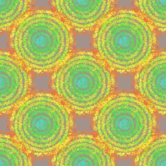 Seamless abstract geometry pattern. Simple background on yellow, blue, red, orange, green circles. Grey background. Designed for textile fabrics, wrapping paper, background, wallpaper, cover.