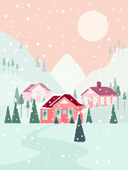 Winter landscape with houses. Winter snowy street. Vector illustration 