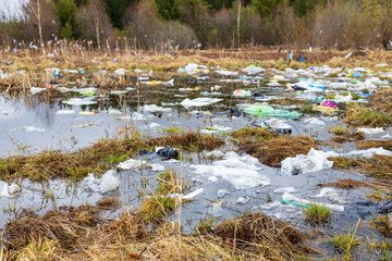 water and yellow grass in which there are a lot of plastic bags and other debris. pollution of the planet. plastic trash. forest area in spring,