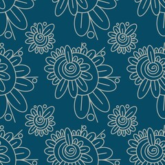 Floral seamless pattern. Blue background. Diagonal beige botanical ornament for textile fabrics, wrapping paper, background, wallpaper, cover. Illustration. Ethnic style.