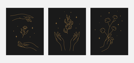 Magic sparkling twigs in hand. contour esoteric elegant illustration.