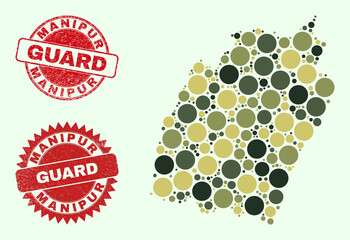 Vector round elements combination Manipur State map in camouflage hues, and dirty stamp seals for guard and military services. Round red stamp seals include phrase GUARD inside.