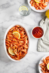 Red cooked prawn or shrimp on white background. Top view