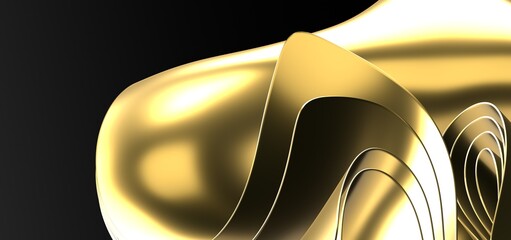 Abstract gold lines are curved on a black background. Optical illusion of concavity