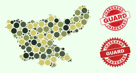 Vector circle elements collage Jharkhand State map in khaki hues, and unclean stamp imitations for guard and military services. Round red imprints have word GUARD inside.