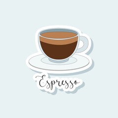 Collection of vector of coffee drinks stickers. Coffee types, variety of beverages. Vector coffee set of clipart design. Latte, americano, take away, espresso, mocha, cappuccino template