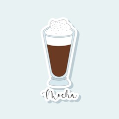 Collection of vector of coffee drinks stickers. Coffee types, variety of beverages. Vector coffee set of clipart design. Latte, americano, take away, espresso, mocha, cappuccino template