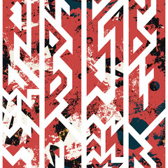 Red grunge tribal geometric seamless pattern.