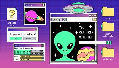 Retro linear vaporwave desktop with user interface elements, message boxes, windows and folders. Trendy cover in 80s, 90s style, retrowave aesthetics. Alien, space ship, ufo set of vector objects. © Mystery Kit