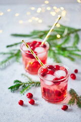 Alcoholic cocktail or non-alcoholic mocktail with vodka and iced cranberries with fir branches and glowing garland for christmas
