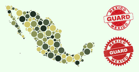 Vector round elements collage Mexico map in khaki colors, and scratched stamp seals for guard and military services. Round red stamp seals include word GUARD inside.