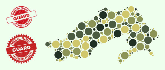 Vector spheric items collage Arunachal Pradesh State map in khaki hues, and grunge seals for guard and military services. Round red seals include word GUARD inside.