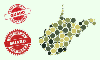 Vector round parts collage West Virginia State map in camo hues, and unclean stamp prints for guard and military services. Round red stamp seals have phrase GUARD inside.