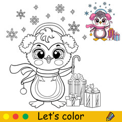 Coloring cute Christmas penguin girl with presents vector
