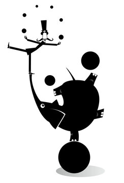 Elephant and equilibrist mustache man juggle the balls illustration. Funny long mustache man in the top hat balances on the trunk of the elephant and juggles the balls black on white illustration