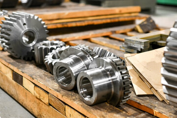 Several machined cogwheels lie on planks in the workshop.