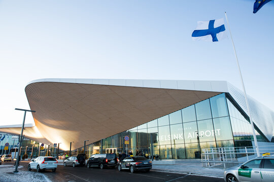 VANTAA, FINLAND - DEC 5, 2021: The new Terminal 2 extension of Helsinki Vantaa Airport, modern Finnish architecture, contemporary Scandinavian building design style at daytime.