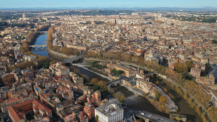 Aerial drone photo of Tiber island or Isola Tiberina, a small island in a bend of the River Tiber...