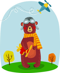 Bear and airplane. Cartoon bear illustration.
