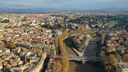 Aerial drone photo of Tiber island or Isola Tiberina, a small island in a bend of the River Tiber...