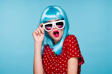 cheerful woman in blue wig sunglasses Glamor makeup