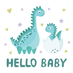 Fototapeta na wymiar Newborn baby concept with cute little dinosaur in egg and his mother. Hello baby card for decorating a nursery, textiles, milestone cards, baby shower invitation.
