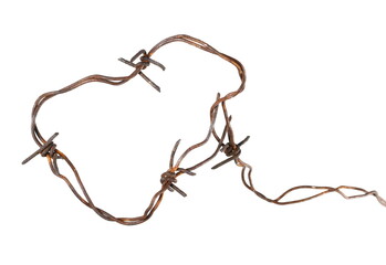 Old rusty security barbed wire fence, frame isolated on white background