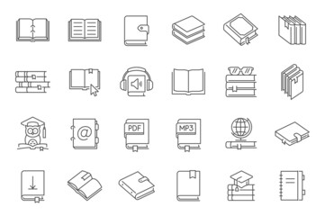 Books line icons vector set. Contains such icons as knowledge, library, audio book, phone book and more. Editable stroke.