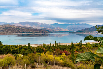 Uzbekistan, the lake Charvak is a water reservoir in the Bostanliq District in the northern part of Tashkent Region