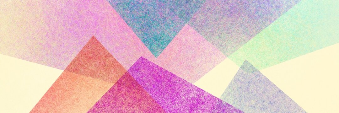 Abstract modern background in pink blue purple orange and green colors and contemporary triangle square and block shapes layered in random geometric art pattern with fine texture