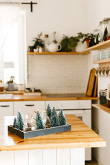 Christmas kitchen dining room. Beautiful Christmas decor of a classic home interior. Winter background