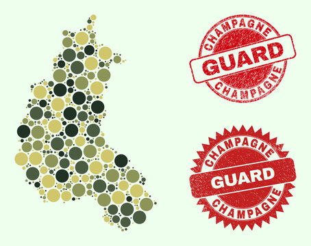 Vector spheric parts composition Champagne Province map in camo hues, and dirty badges for guard and military services. Round red stamp seals include phrase GUARD inside.