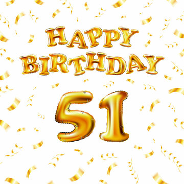 Golden number fifty one years metallic balloon. Happy Birthday message made of golden inflatable balloon. 51 number etters on white background. fly gold ribbons with confetti. vector illustration