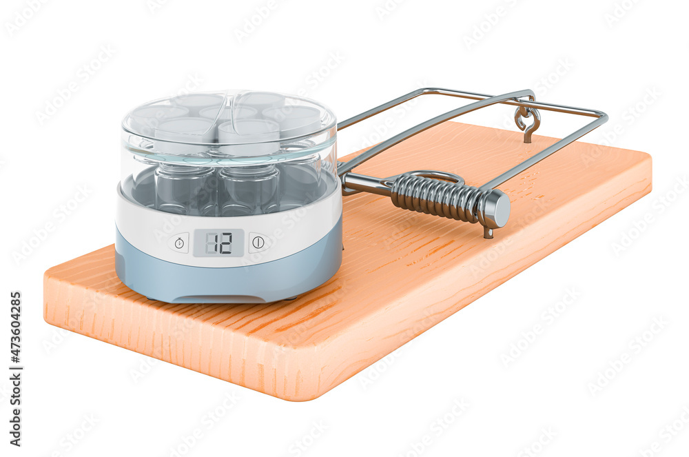 Poster automatic yogurt maker inside mousetrap, 3d rendering
