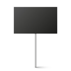 Black blank board with place for text, protest sign isolated on white background. Realistic demonstration or advertising banner. Strike action cardboard placard mockup. Vector illustration.