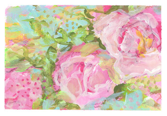 Pink Rose flower bouquet. Art Watercolor and Acrylic smear brushstroke blots. Interior abstract texture color stain background.