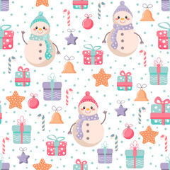 Seamless Christmas pattern with vector snowmen, gift boxes and a caramel cane