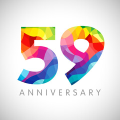 59th anniversary numbers. 59 years old logotype concept. Bright congrats. Isolated abstract graphic design template. Creative bg of 5 and 9 digits. Up to 59% off idea for discount and advertisement.