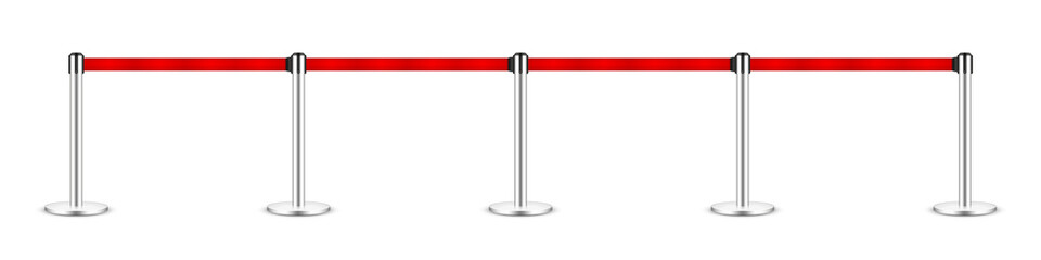 Realistic vector retractable belt stanchion. Crowd control barrier posts with caution strap. Queue lines. Restriction border and danger tape.