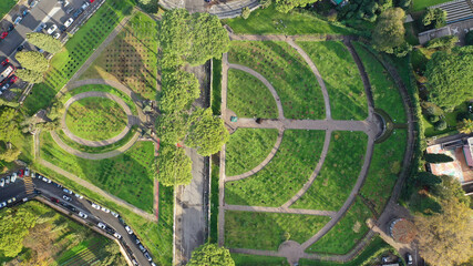 Aerial drone photo of Rome rose garden founded in 1931 offering unique and rare rose varieties from around the world built next to Monument to Giuseppe Mazzini and Circus Maximus, Rome, Italy