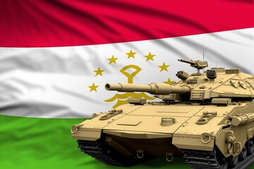 Heavy tank with fictional design on Tajikistan flag background - modern tank army forces concept, military 3D Illustration