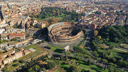 Aerial drone photo of iconic park of Colosseum, a vast archaeological zone encompassing ancient...