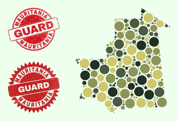 Vector circle items collage Mauritania map in khaki colors, and unclean stamp seals for guard and military services. Round red seals have word GUARD inside.