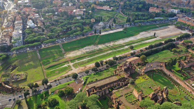 Aerial drone photo of Rome rose garden founded in 1931 offering unique and rare rose varieties from around the world built next to Monument to Giuseppe Mazzini and Circus Maximus, Rome, Italy