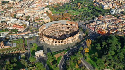 Aerial drone photo of iconic ancient Roman Gladiatorial arena world famous Colosseum, Rome historic...