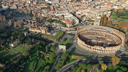 Aerial drone photo of iconic ancient Roman Gladiatorial arena world famous Colosseum, Rome historic...