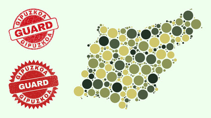 Vector round parts collage Gipuzkoa Province map in khaki hues, and corroded badges for guard and military services. Round red seals include phrase GUARD inside.