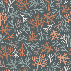 Boho earthy colours sea corals vector seamless pattern. Underwater world coral reef background. Scandinavian decorative childish surface design for nautical nursery and navy kids fabric.