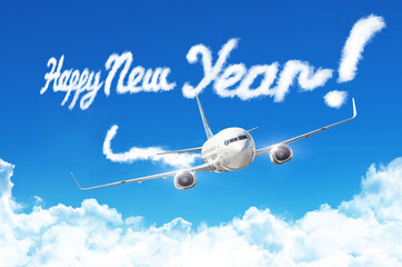 Drawing by airplane vapor steam contrail in blue sky. Happy New year concept.